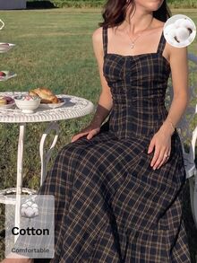 SHEIN MOD Women Cotton Plaid Ruched Spaghetti Strap Sleeveless Long Navy Cute Elegant Dress For Party Going Out Vacation Homecoming Fall - Navy Blue - View 8