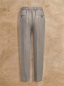HIMLAND 男士條紋雙排扣西裝外套與長褲套裝禮服，2件套休閒正裝套裝，適合萬聖節、冬季派對、秋季 - 杏色 - 查看 5