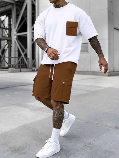 Manfinity Homme Conjunto casual masculino com camiseta de manga curta e shorts com bolsos em cores contrastantes.