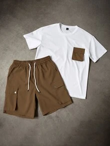 Manfinity Homme Men's Contrast Color Pocket Short Sleeve T-Shirt And Shorts Casual Suit - Multicolor - View 5