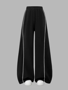 SHEIN 經典休閒長褲 春/秋款 雙層腰頭 簡約舒適 衛衣布料 適合街頭穿搭與運動 可隨意搭配夾克與上衣 展現青春活力 - 黑色 - 查看 9