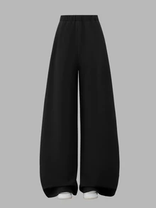 SHEIN 經典休閒長褲 春/秋款 雙層腰頭 簡約舒適 衛衣布料 適合街頭穿搭與運動 可隨意搭配夾克與上衣 展現青春活力 - 黑色 - 查看 2