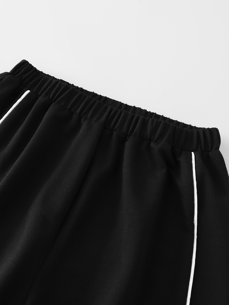 SHEIN بنطلون كاجوال كلاسيكي، ربيع/خريف، حزام خصر مزدوج الطبقات، بسيط ومريح، قماش سويت شيرت، مناسب للارتداء في الشارع والرياضة، يمكن تنسيقه بحرية مع الجاكيتات والقمصان لإظهار الحيوية الشبابية - الأسود - مشاهدة 3