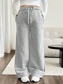 SHEIN Maternity Casual Funny Baggy Boxy Versatile Sweatpants With Pockets And Cinched Waist For Daily Wear,Winter Vacation Photoshoot Postpartum Cream - Grey - View 3
