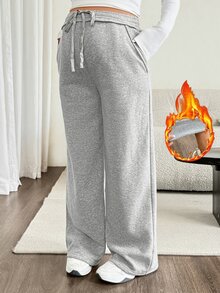 SHEIN Maternity Casual Funny Baggy Boxy Versatile Sweatpants With Pockets And Cinched Waist For Daily Wear,Winter Vacation Photoshoot Postpartum Cream - Grey - View 8