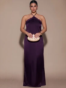 SHEIN BAE CURVE 大尺碼女款純色對比蕾絲優雅掛脖洋裝 - 紫色 - 查看 5