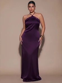 SHEIN BAE CURVE 大尺碼女款純色對比蕾絲優雅掛脖洋裝 - 紫色 - 查看 1