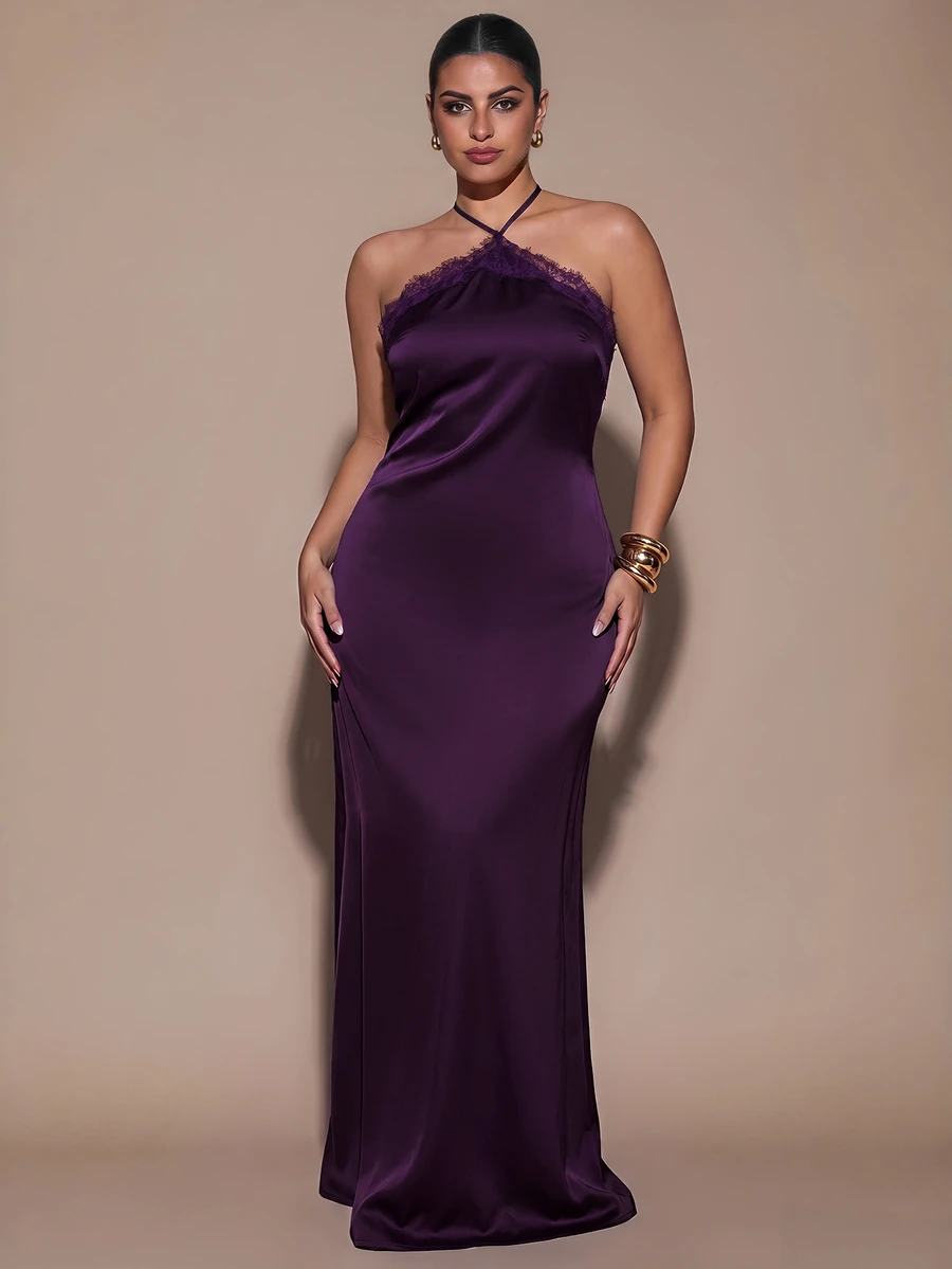 SHEIN BAE CURVE 大尺碼女款純色對比蕾絲優雅掛脖洋裝 - 紫色 - 查看 1