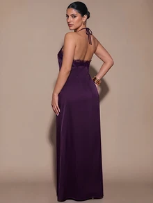 SHEIN BAE CURVE 大尺碼女款純色對比蕾絲優雅掛脖洋裝 - 紫色 - 查看 2