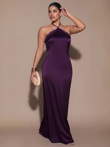 SHEIN BAE CURVE 大尺碼女款純色對比蕾絲優雅掛脖洋裝 - 紫色 - 查看 3