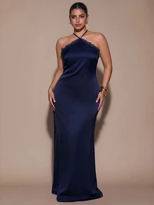SHEIN BAE CURVE 大尺碼女款掛脖純色洋裝 - 藏蓝色 - 查看 1