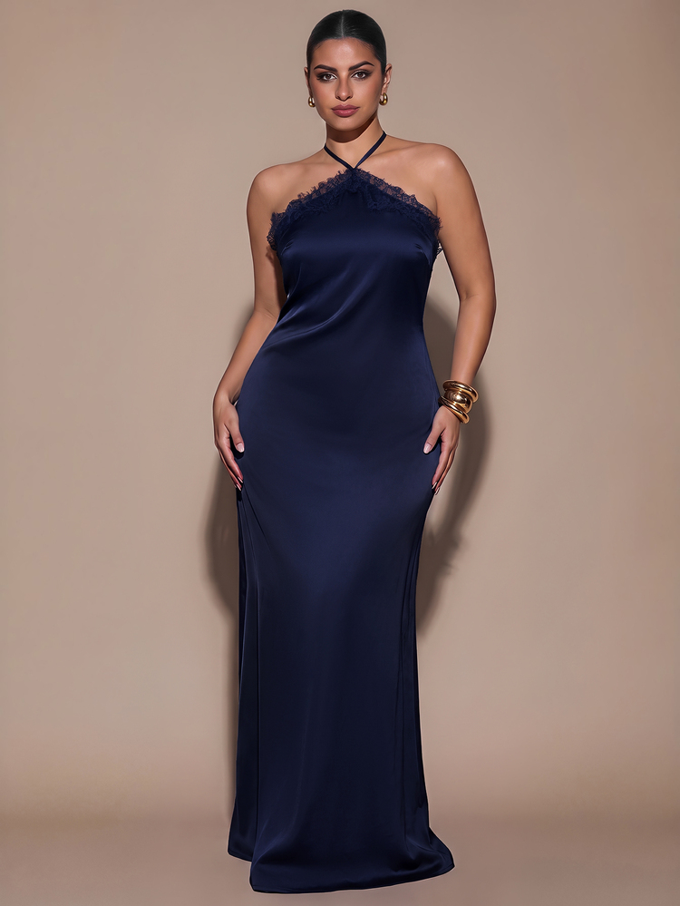 SHEIN BAE CURVE Plus Size Women's Halter Neck Solid Color Dress - Navy Blue - View 1