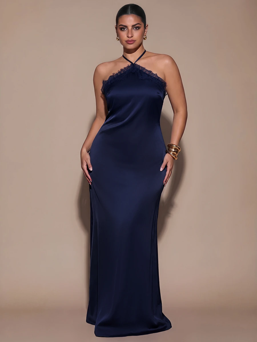 SHEIN BAE CURVE 大尺碼女款掛脖純色洋裝 - 藏蓝色 - 查看 1