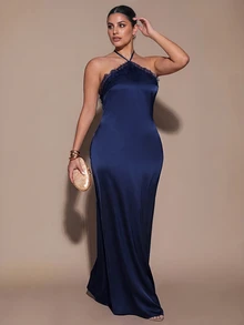 SHEIN BAE CURVE 大尺碼女款掛脖純色洋裝 - 藏蓝色 - 查看 3
