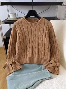 SHEIN Sweater Rajut Kasual Pas Badan Leher Bulat Warna Polos untuk Anak Perempuan Muda - MultiWarna - View 2