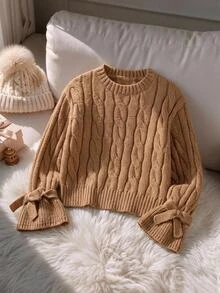 SHEIN Sweater Rajut Kasual Pas Badan Leher Bulat Warna Polos untuk Anak Perempuan Muda - MultiWarna - View 1