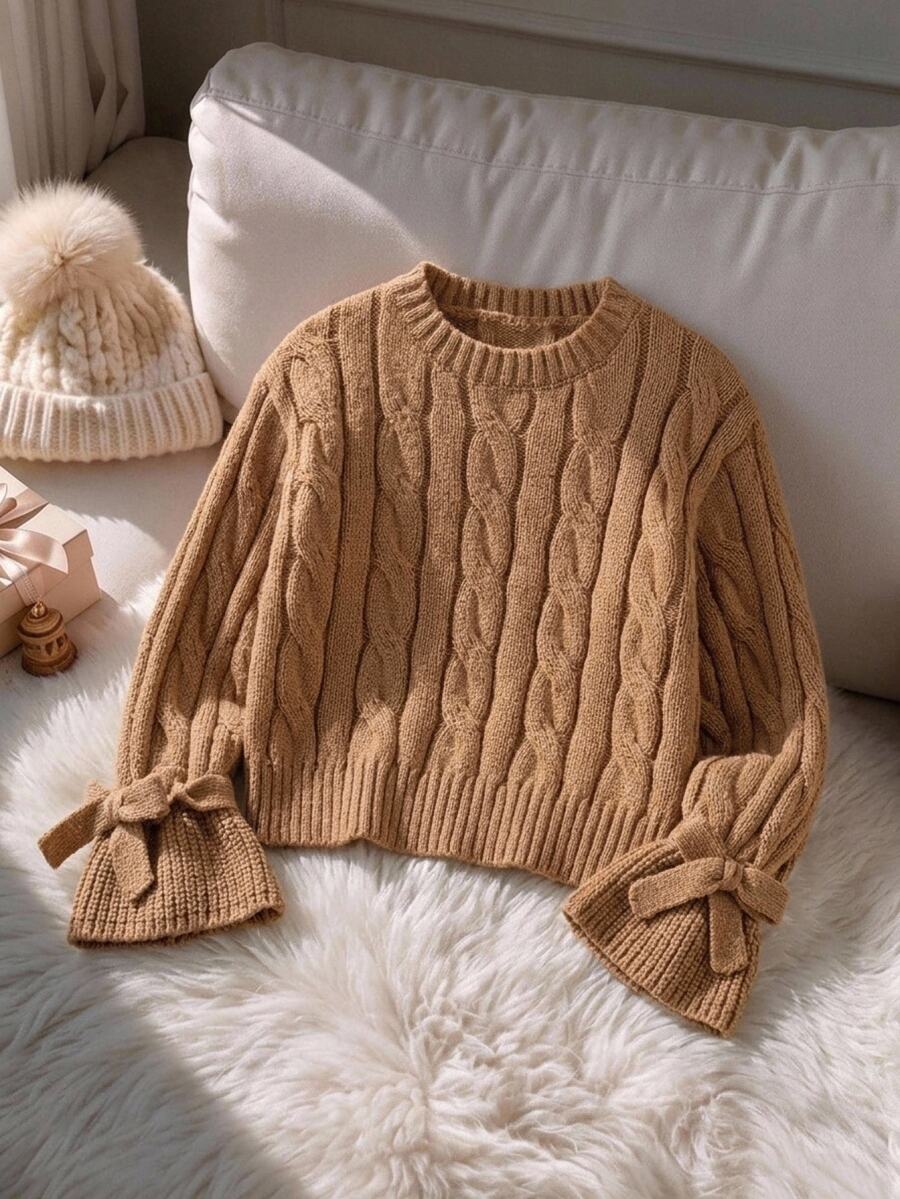 SHEIN Sweater Rajut Kasual Pas Badan Leher Bulat Warna Polos untuk Anak Perempuan Muda - MultiWarna - View 1