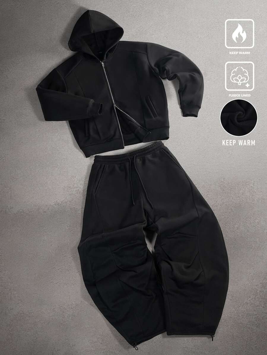 STYNVO Men's Solid Color Long Sleeve Zip-Up Hooded Sweatshirt And Sweatpants Casual Set - Black - View 1
