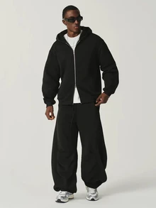 STYNVO Men's Solid Color Long Sleeve Zip-Up Hooded Sweatshirt And Sweatpants Casual Set - Black - View 3