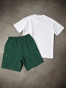 Manfinity Homme 男士撞色口袋设计短袖T恤和短裤休闲套装 - 彩色 - 查看 2