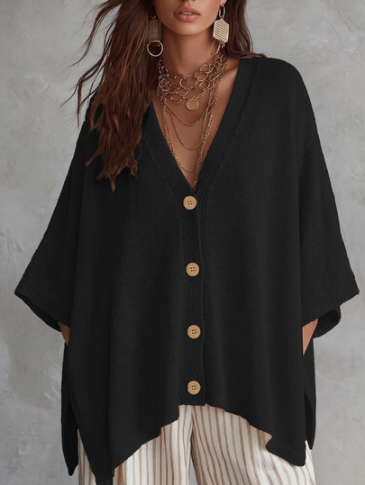 Linhara CURVE Cardigan in maglia a tinta unita con scollo a V e bottoni in metallo, adatto per uso quotidiano, casual, ufficio e vacanze, taglie forti per donna