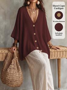Linhara CURVE Plus Size Women Solid Color Knit Shawl Cardigan V-Neck Metal Button Suitable For Daily Casual Office Vacation Plus Size Women Cardigan Winter - Burgundy - View 1