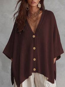 Linhara CURVE Plus Size Women Solid Color Knit Shawl Cardigan V-Neck Metal Button Suitable For Daily Casual Office Vacation Plus Size Women Cardigan Winter - Burgundy - View 3