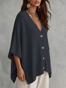 Linhara CURVE Plus Size Women Solid Color Knit Shawl Cardigan V-Neck Metal Button Suitable For Daily Casual Office Vacation Plus Size Women Cardigan Winter - Royal Blue - View 3