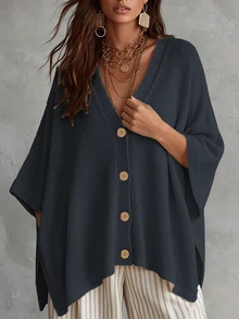 Linhara CURVE Plus Size Women Solid Color Knit Shawl Cardigan V-Neck Metal Button Suitable For Daily Casual Office Vacation Plus Size Women Cardigan Winter - Royal Blue - View 7
