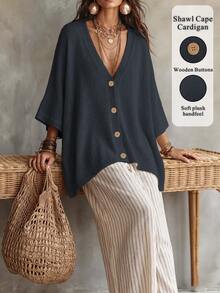Linhara CURVE Plus Size Women Solid Color Knit Shawl Cardigan V-Neck Metal Button Suitable For Daily Casual Office Vacation Plus Size Women Cardigan Winter - Royal Blue - View 1