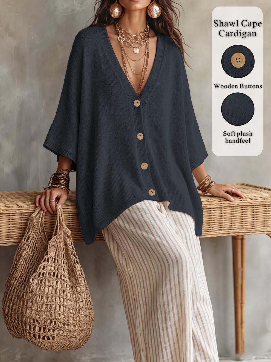Linhara CURVE Plus Size Women Solid Color Knit Shawl Cardigan V-Neck Metal Button Suitable For Daily Casual Office Vacation Plus Size Women Cardigan Winter - Royal Blue - View 1