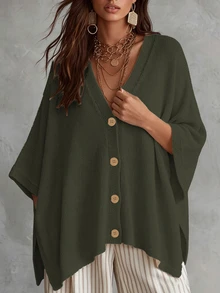 Linhara CURVE Plus Size Women Solid Color Knit Shawl Cardigan V-Neck Metal Button Suitable For Daily Casual Office Vacation Plus Size Women Cardigan - Dark Green - View 7