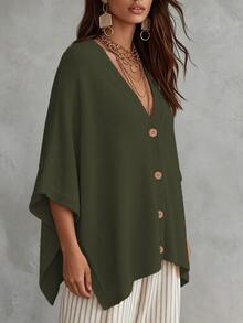Linhara CURVE Plus Size Women Solid Color Knit Shawl Cardigan V-Neck Metal Button Suitable For Daily Casual Office Vacation Plus Size Women Cardigan - Dark Green - View 4