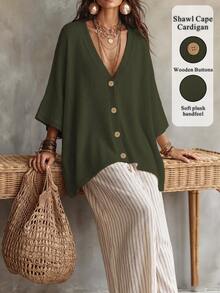 Linhara CURVE Plus Size Women Solid Color Knit Shawl Cardigan V-Neck Metal Button Suitable For Daily Casual Office Vacation Plus Size Women Cardigan - Dark Green - View 3