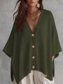 Linhara CURVE Plus Size Women Solid Color Knit Shawl Cardigan V-Neck Metal Button Suitable For Daily Casual Office Vacation Plus Size Women Cardigan - Dark Green - View 1