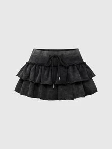 ROMWE Grunge Punk 节日时尚水洗卫衣面料荷叶边下摆低腰女式韩流迷你裙 - 黑色 - 查看 3