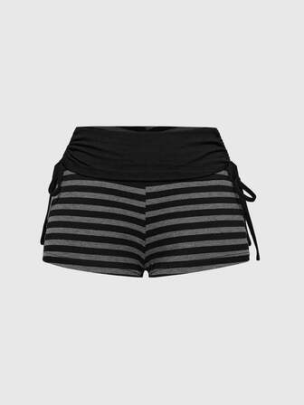 Spring/Summer Punk Style Vintage Music Festival Striped Contrast Color Drawstring Super Short Women Shorts