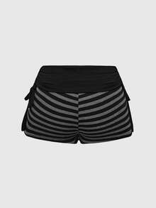 ROMWE Spring/Summer Punk Style Vintage Music Festival Striped Contrast Color Drawstring Super Short Women Shorts - Black - View 2