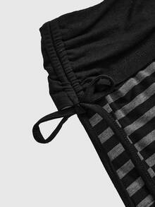 ROMWE Spring/Summer Punk Style Vintage Music Festival Striped Contrast Color Drawstring Super Short Women Shorts - Black - View 4