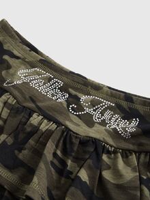 ROMWE Grunge Punk Spring/Summer Party Casual Camo Kpop Rhinestone Embellished Camouflage Mini Skirt With Super Low Waist - Dark Green - View 4
