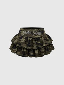 ROMWE Grunge Punk Spring/Summer Party Casual Camo Kpop Rhinestone Embellished Camouflage Mini Skirt With Super Low Waist - Dark Green - View 3