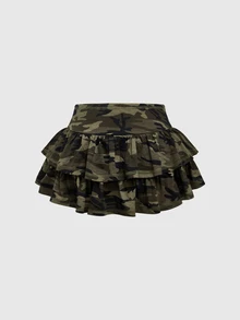 ROMWE Grunge Punk Spring/Summer Party Casual Camo Kpop Rhinestone Embellished Camouflage Mini Skirt With Super Low Waist - Dark Green - View 2