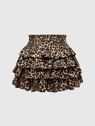 ROMWE J-Fashion Rok Gyaru Musim Panas Wanita Motif Leopard dengan Hem Berlapis dan Berumbai