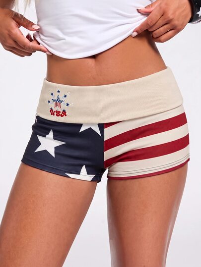 ROMWE J-Fashion Celana Pendek Rajut Mini Ketat Pinggang Rendah Gaya Hot Girl Musim Panas untuk Wanita, Motif Bendera Amerika Retro Y2K, Lipatan Pinggang, Motif Hari Kemerdekaan Y2K
