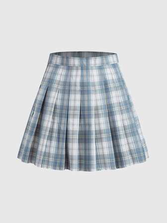 J-Fashion Falda plisada con estampado de cuadros, escolar