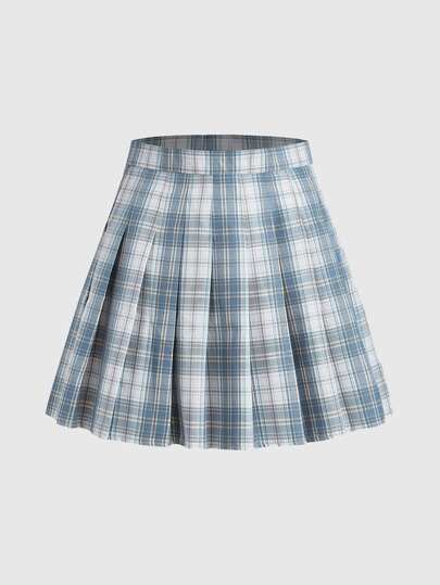 ROMWE J-Fashion Falda plisada con estampado de cuadros, escolar