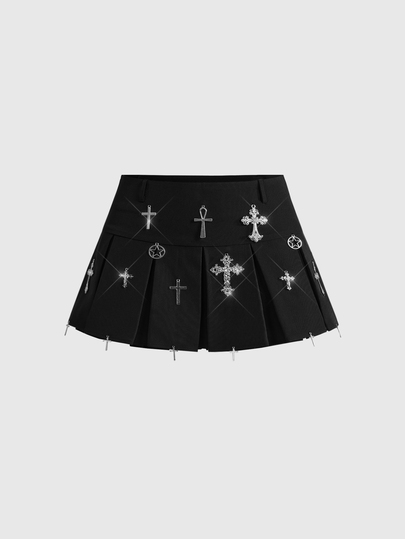 Spring/Summer Women's Fashion Gothic Style Low Waist Cross Decor Pleated Mini Skirt