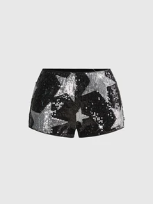 ROMWE Avant Celana Pendek Mini Pinggang Rendah Berhiaskan Payet dan Dekorasi Pentagram Berkilau untuk Wanita, Cocok untuk Festival Musik Rock Punk. - Hitam - View 3