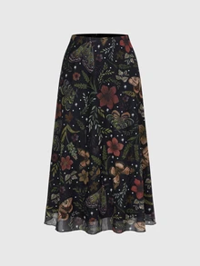 ROMWE Fairycore Spring/Summer Women's Dark Gothic Style Bat, Skull, Moon, Pumpkin Print A-Line Punk Skirt - Multicolor - View 3