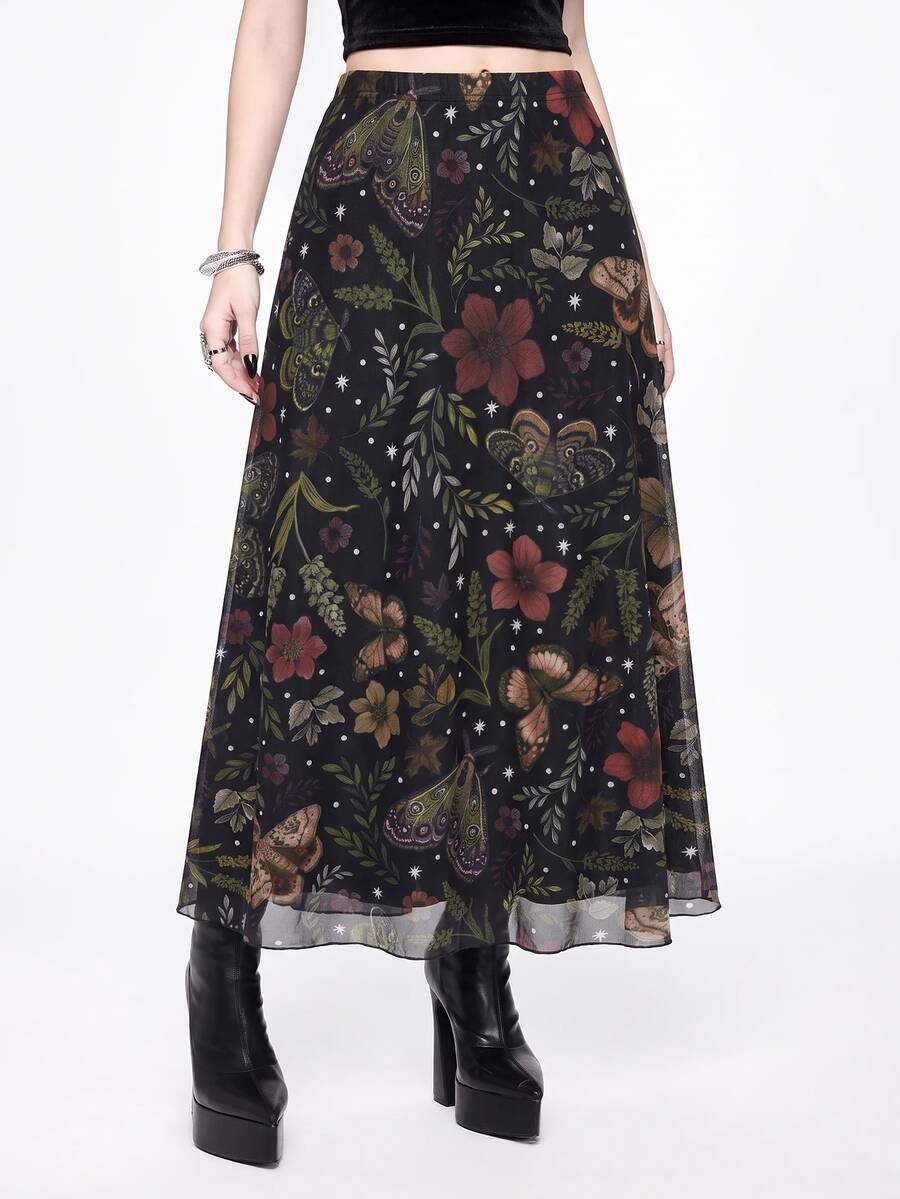 ROMWE Fairycore Spring/Summer Women's Dark Gothic Style Bat, Skull, Moon, Pumpkin Print A-Line Punk Skirt - Multicolor - View 1
